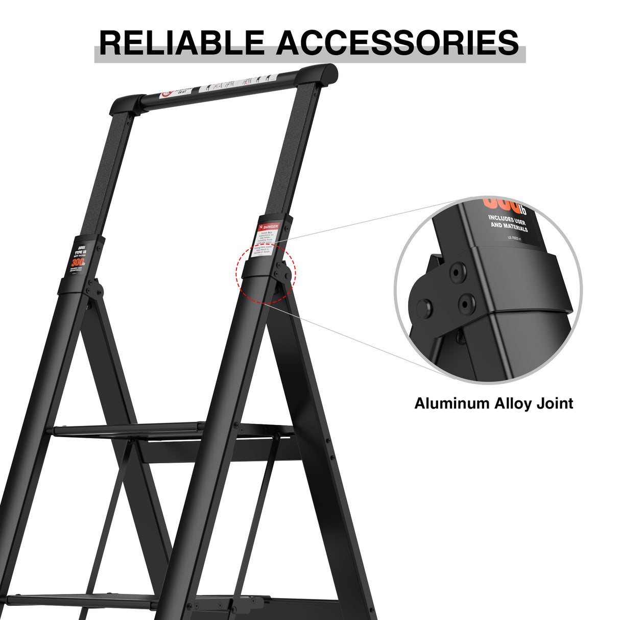 4 Step Ladder Kaligtasan ng Sambahayan Maaaring Iurong Handgrip Folding Stool na may Anti-Slip Wide Pedal Aluminum 300lbs--Itim