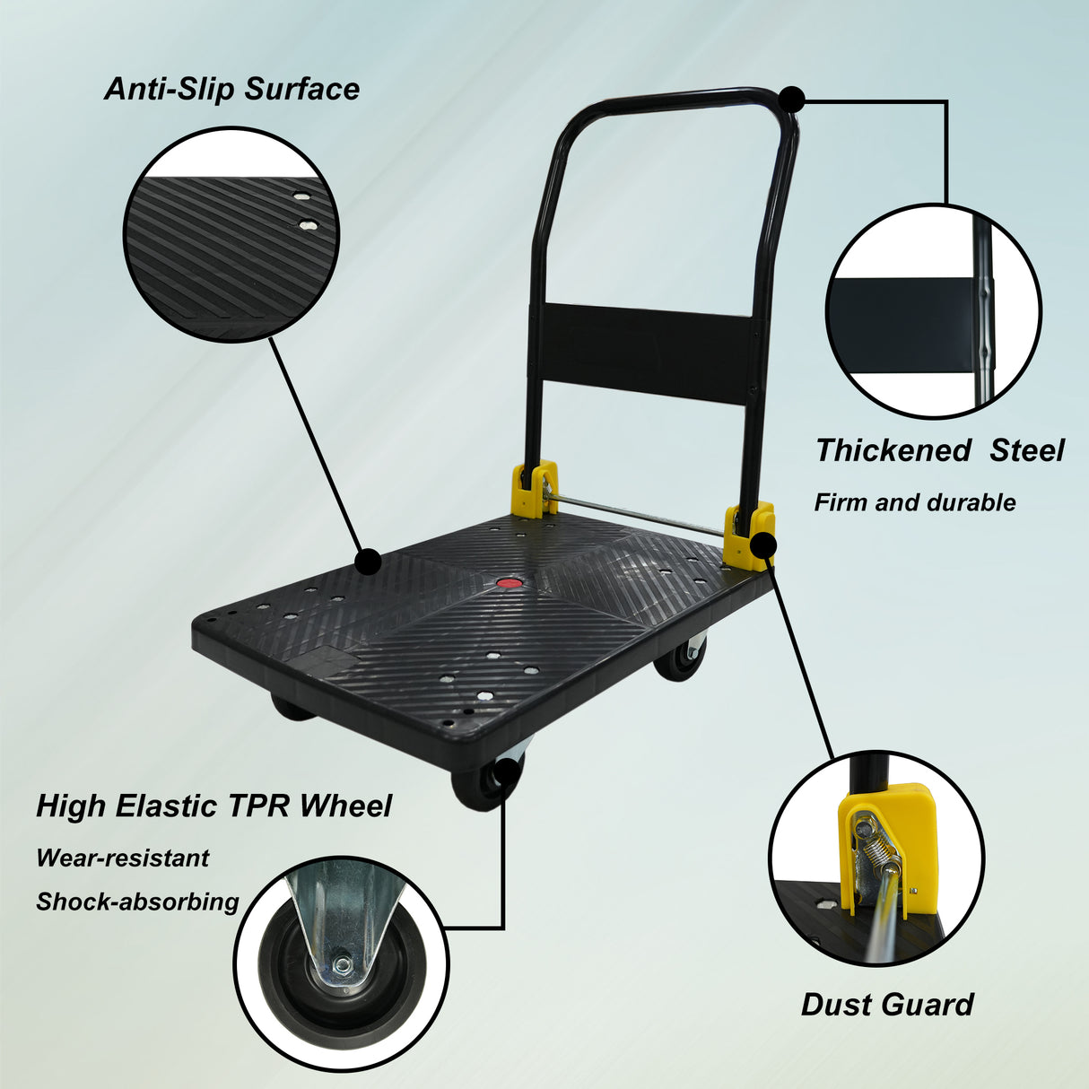 Carro de mano con plataforma plegable, 880 lbs. Capacidad de peso, 2 ruedas de freno giratorias, color negro