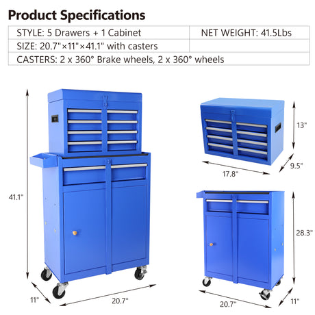 5-Drawer Rolling Tool Storage Cabinet with Lockable Wheels Adjustable Shelf & Anti-Slip Liner Detachable Box Organizer