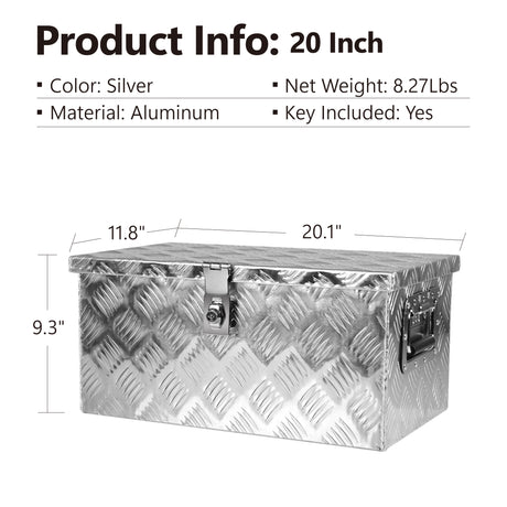 20 tommer sølv aluminiumsverktøy lang boks 5 bar slitebane flatt for lastebil bil utendørs henger pickup undervogn RV ATV lagringsverktøy Organizer med låst sidehåndtak og nøkler (20,1"×11,8"×9,3")