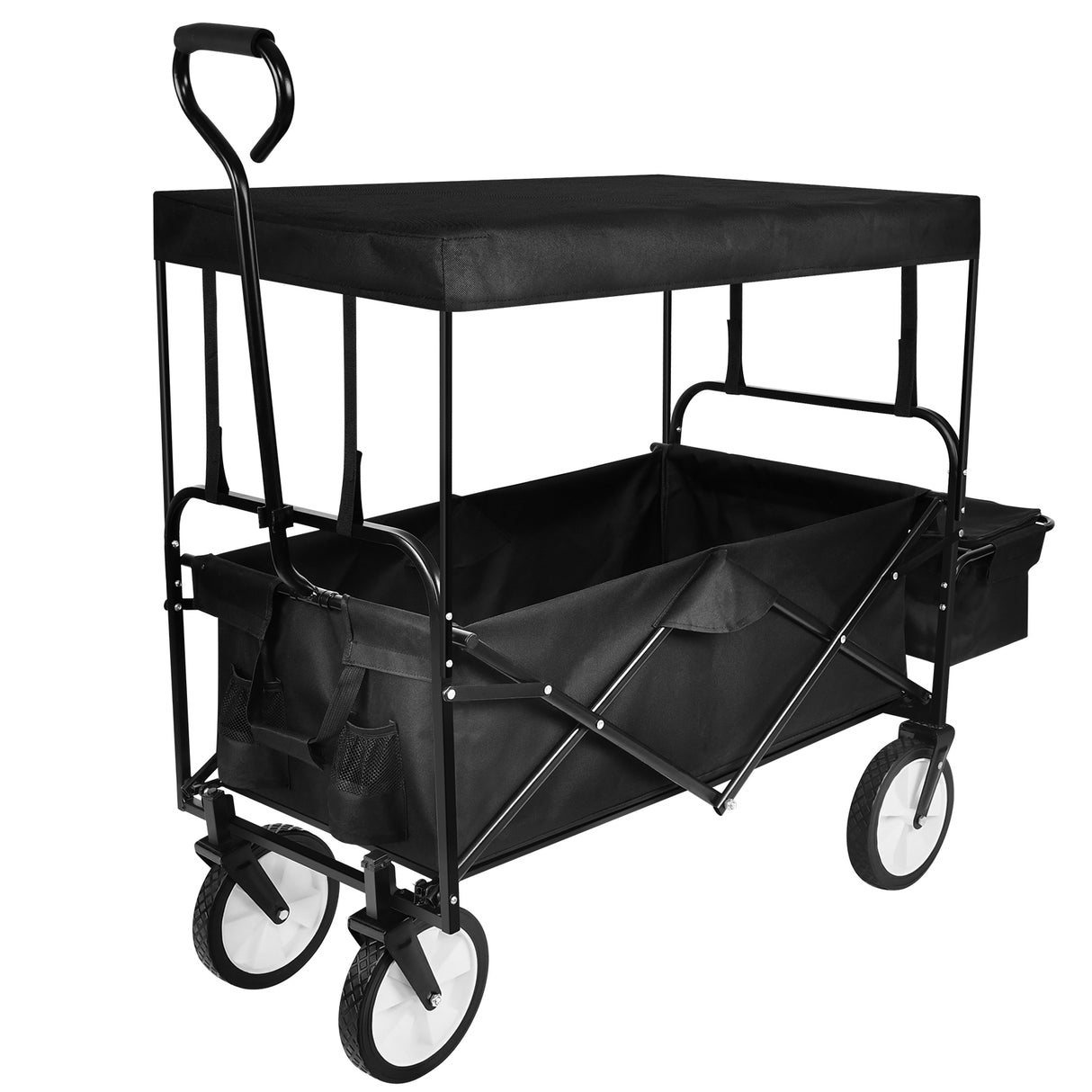 Carrito de mano portátil plegable resistente con dosel extraíble, ruedas de 8 pulgadas, asas ajustables y doble tela para ir de compras, picnic, playa, camping, color negro