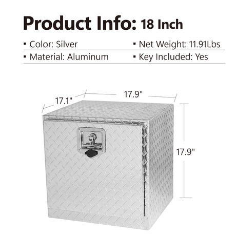 Caja de herramientas para debajo de la carrocería con placa de diamante de aluminio resistente de 18 pulgadas, cofre organizador de almacenamiento cuadrado impermeable para camioneta, remolque RV con cerradura con manija en T y llaves, color plateado