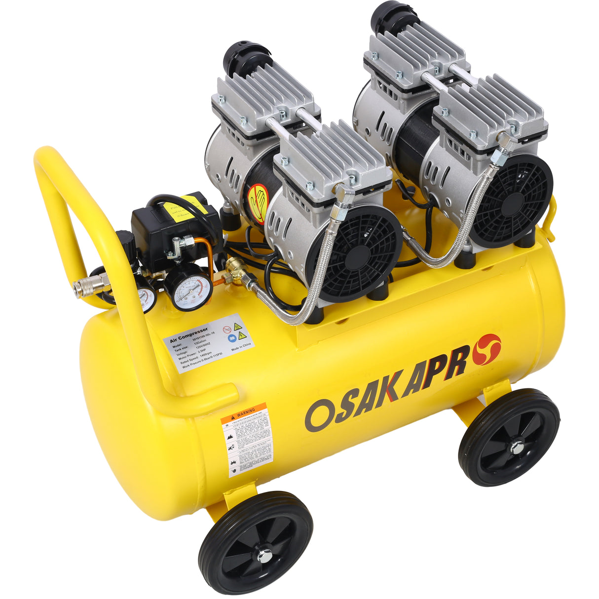 Compresor de aire silencioso de 2.5 HP Taller eléctrico sin aceite de 13 galones Portátil liviano con ruedas Nivel de ruido de 70 DBA con válvula de drenaje automática Amarillo