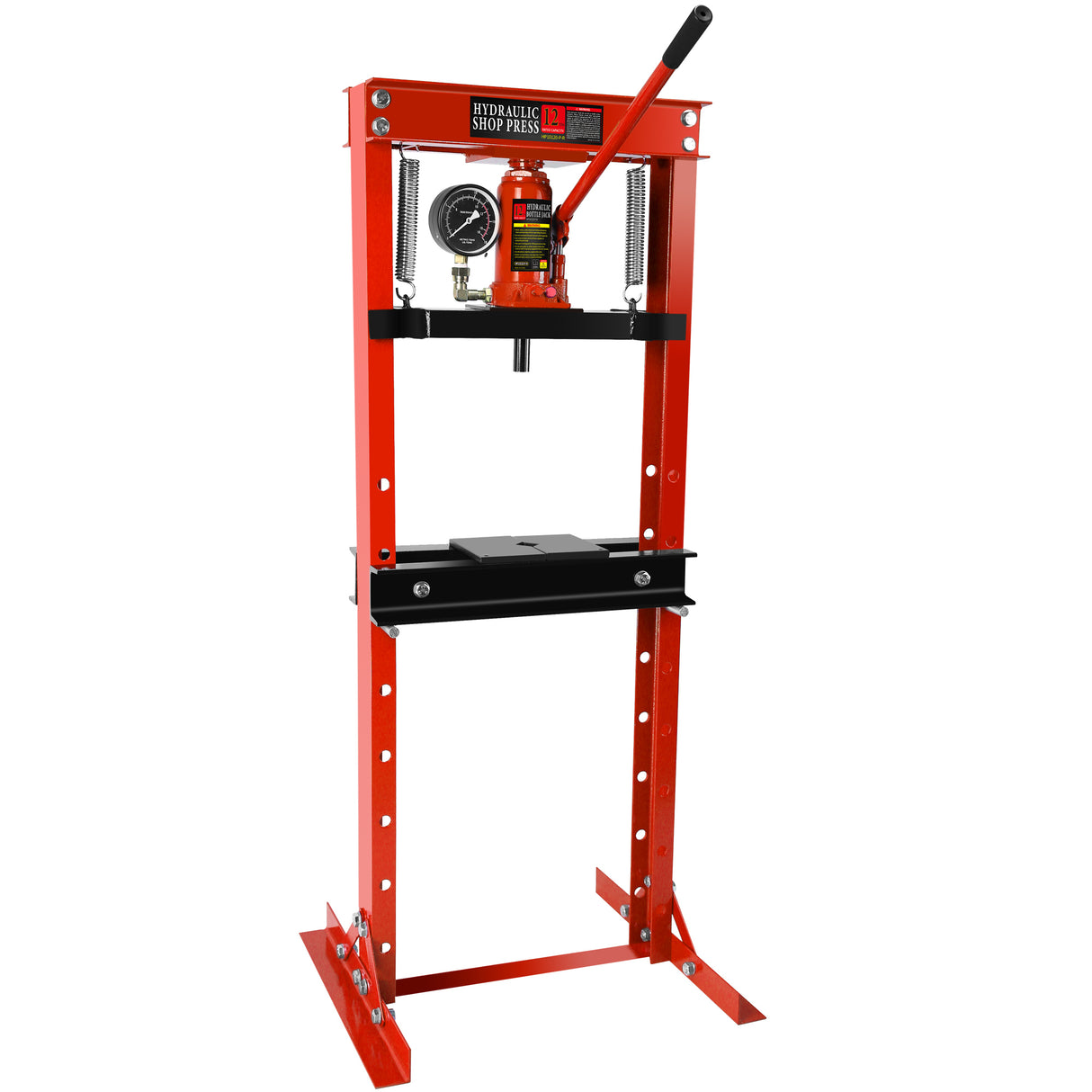 Steel H-Frame Hydraulic Garage/Shop Floor Press with Stamping Plates Pressure Gauge 12 Ton (24,000 lb) Capacity Red