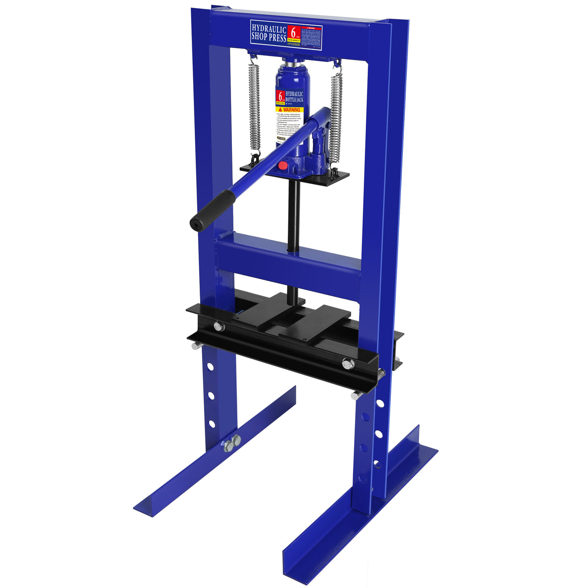 Steel H-Frame Hydraulic Shop Press with Stamping Plates to Bend Straighten or Press Parts Install Bearings and U-Joints 6 Ton Capacity Blue