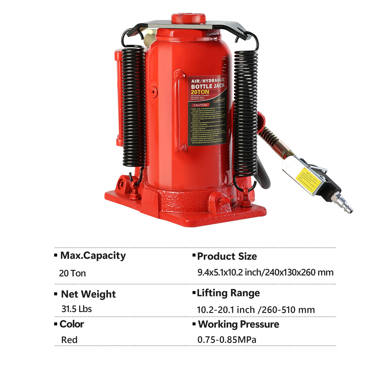 20 Ton Air Hydraulic Bottle Jack with Manual Hand Pump Used for The Maintenance of Automobiles Agricultural Vehicles Heavy Trucks Mobile Machinery and Heavy Equipment