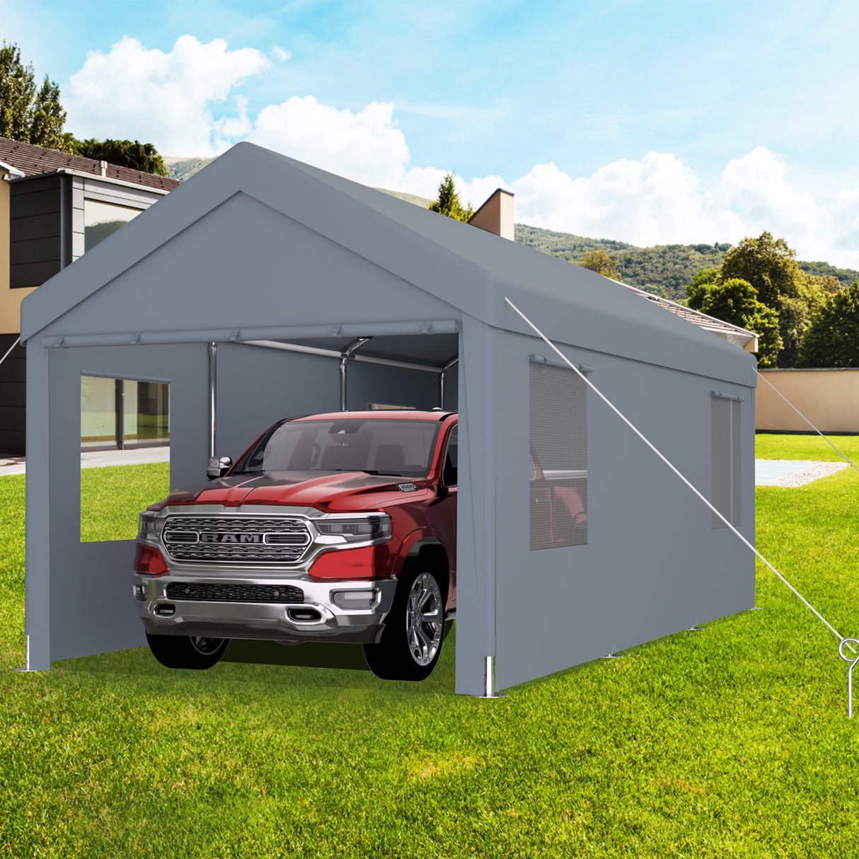 Abri d'auto 10' x 20', auvent de garage portable robuste avec 2 portes enroulables et 4 fenêtres ventilées - gris