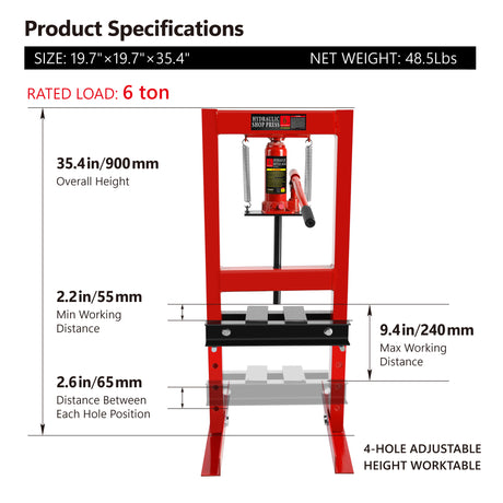 Hydraulic 6 Ton H-Frame Garage Floor Adjustable Shop Press with Plates 6T Red