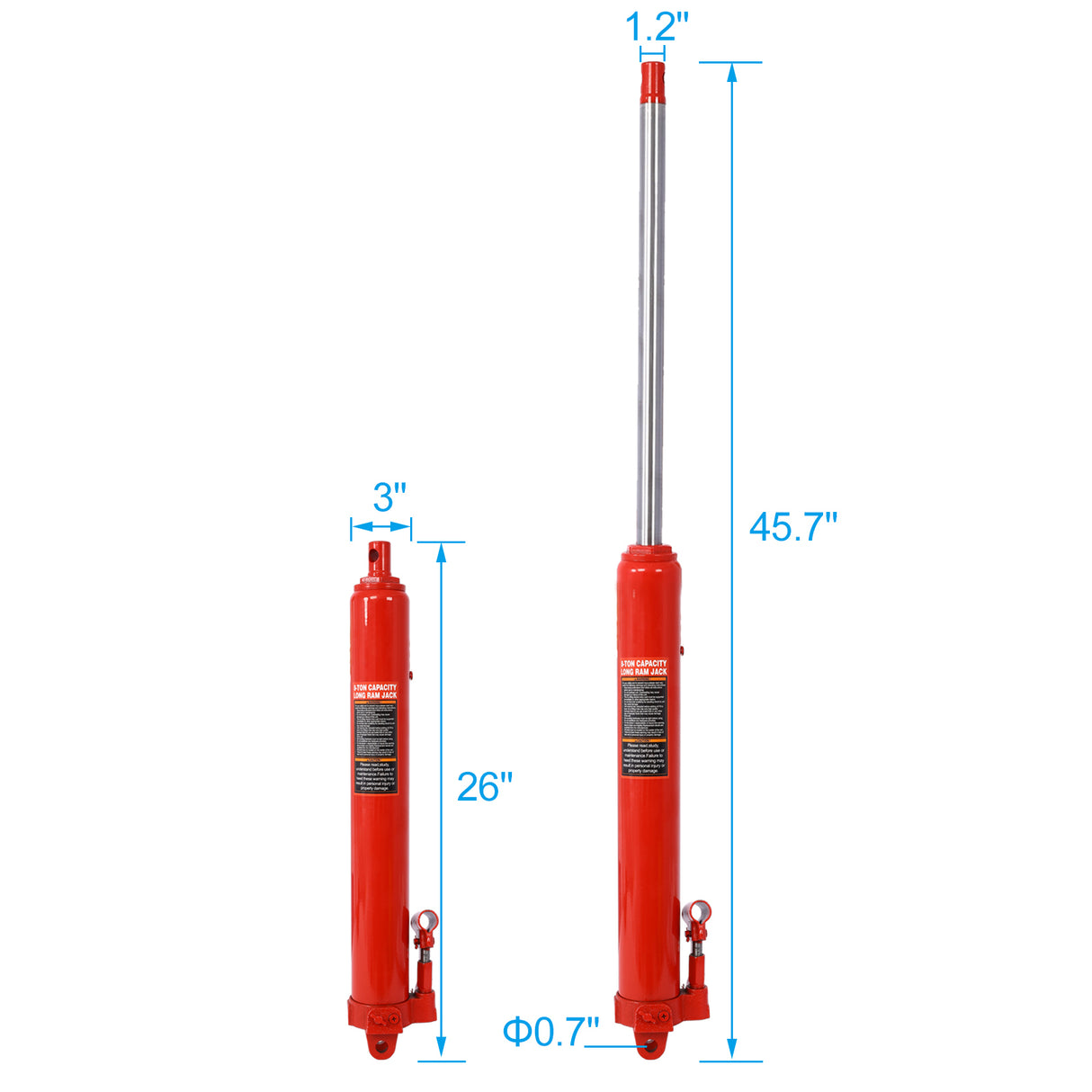 Hydraulic Long Ram Jack with Single Piston Pump and Clevis Base Fits Garage/Shop Cranes Engine Hoists and More 8 Ton (16,000 lb) Capacity Red