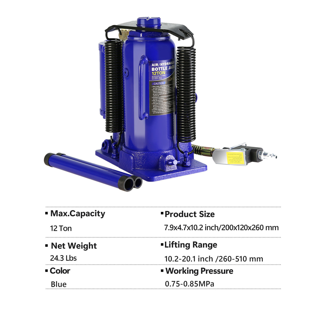 Pneumatic Air Hydraulic Bottle Jack with Manual Hand Pump 12 Ton Heavy Duty Auto Truck Travel Trailer Repair Lift Blue