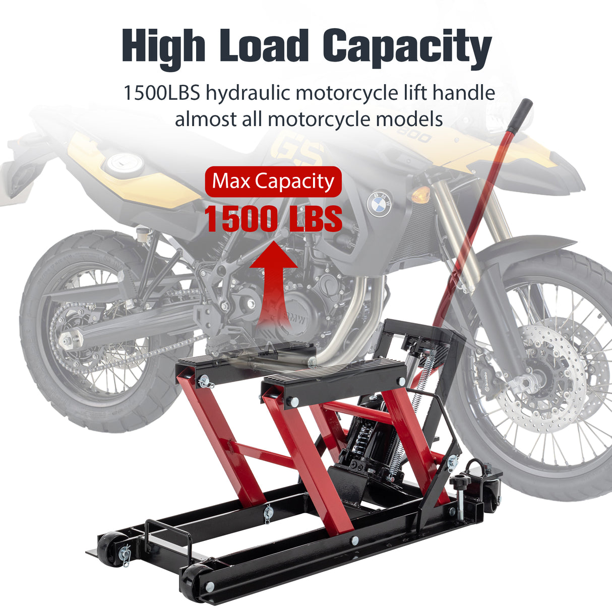 Hydraulic Motorcycle Lift Jack 1500 LBS Capacity Foot Operated Table ATV Scissor with 4.5" 15" Lifting Range Portable with Wheels--Red