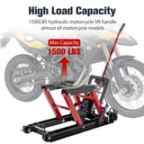 Hydraulic Motorcycle Lift Jack 1500 LBS Capacity Foot Operated Table ATV Scissor na may 4.5" 15" Lifting Range Portable na may mga Gulong--Red