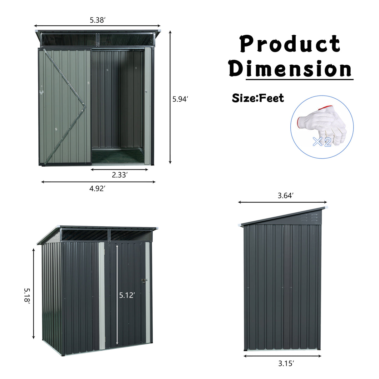 5 Fuß x 3 Fuß Outdoor-Lagerschuppen aus Metall, transparente Platte, grau