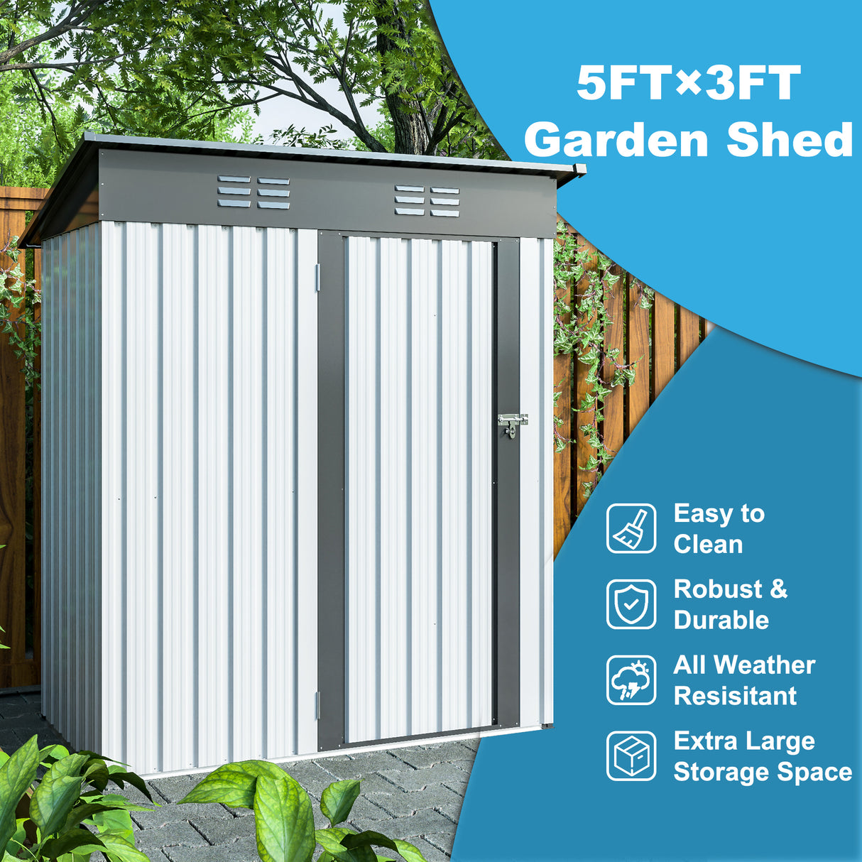 5 X 3 Ft Outdoor Storage Shed Galvanized Metal Garden with Lockable Doors Tool For Patio Lawn Backyard Trash Cans White