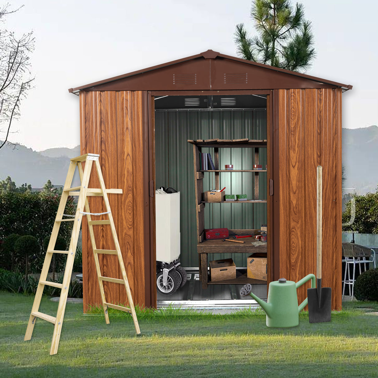 Hangar de rangement extérieur en métal 6 pi x 6 pi avec base de plancher en métal avec fenêtre Café