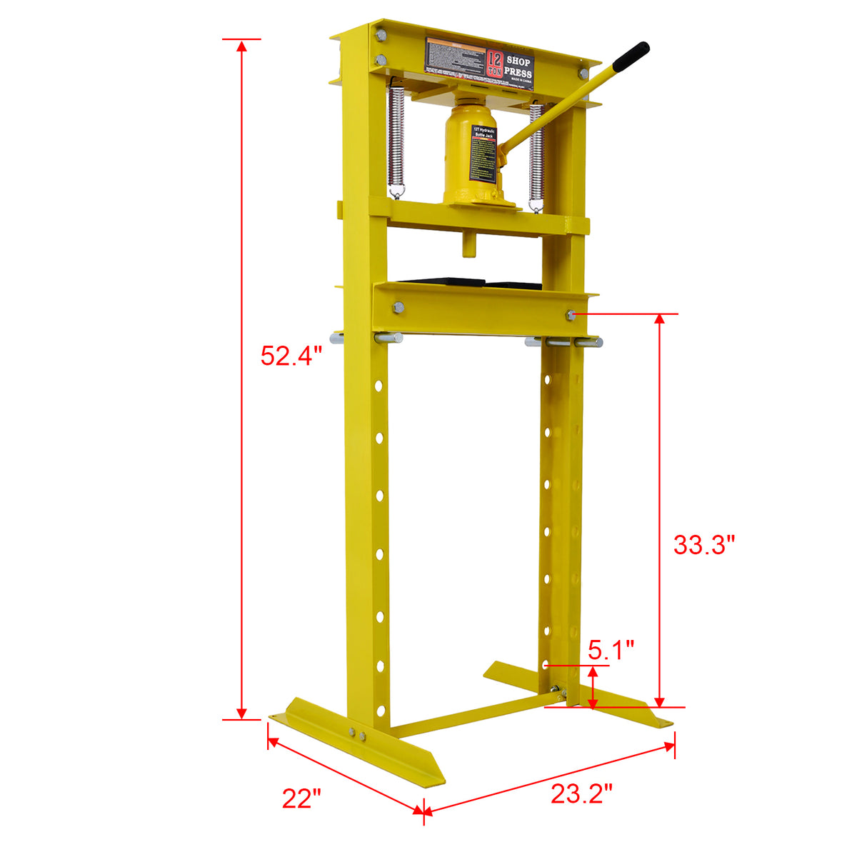 Hydraulic Shop Press 12-Ton Capacity Floor Mount with Press Plates H-Frame Garage Floor Press Adjustable Working Table Height-Yellow