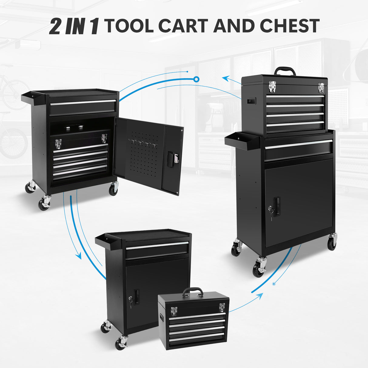 Rolling Garage Workshop Organizer Detachable 5 Drawer Tool Chest with Large Storage Cabinet Tool Box Organizer Black