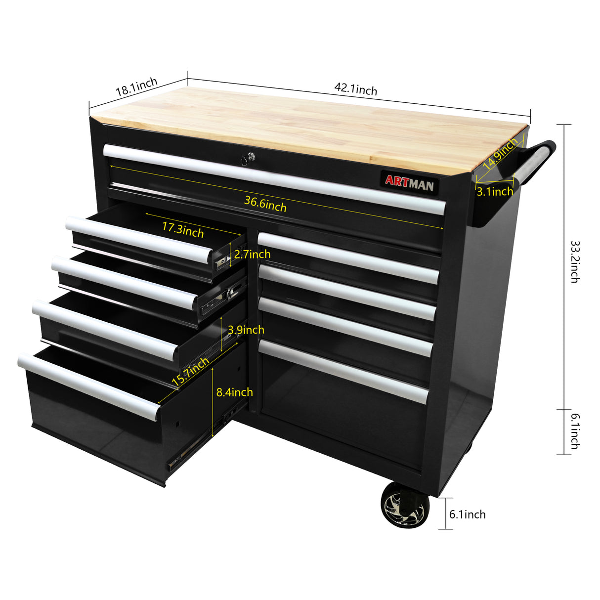 9 Drawers Multifunctional Tool Cart with Wheels and Wooden Top Black