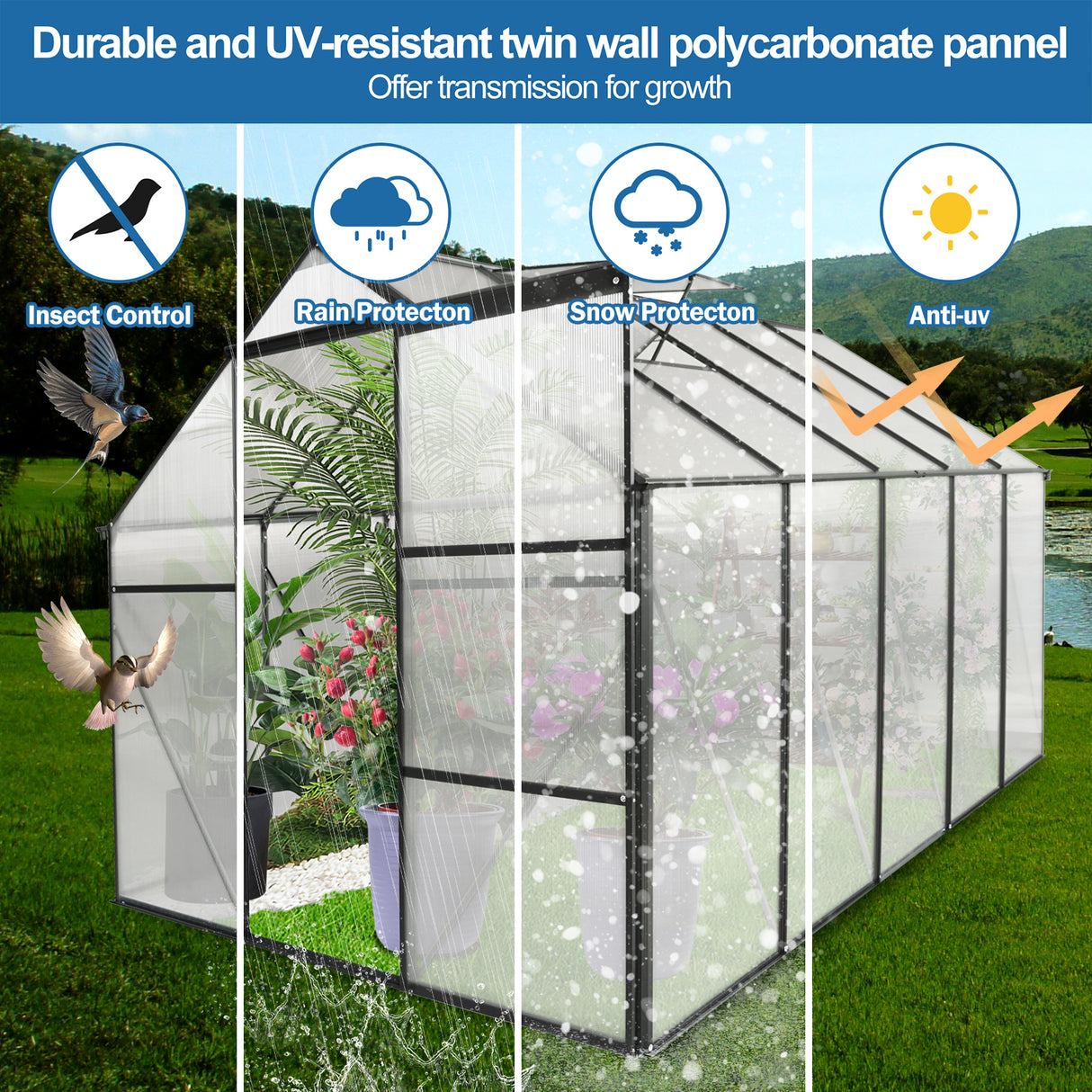 6x10 FT Polycarbonate Greenhouse Raised Base and Anchor Aluminum Heavy Duty Walk-in for Outdoor Backyard in All Season Black