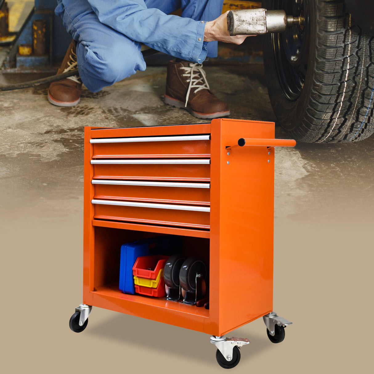 4 Drawers Multifunctional Tool Cart with Wheels Orange