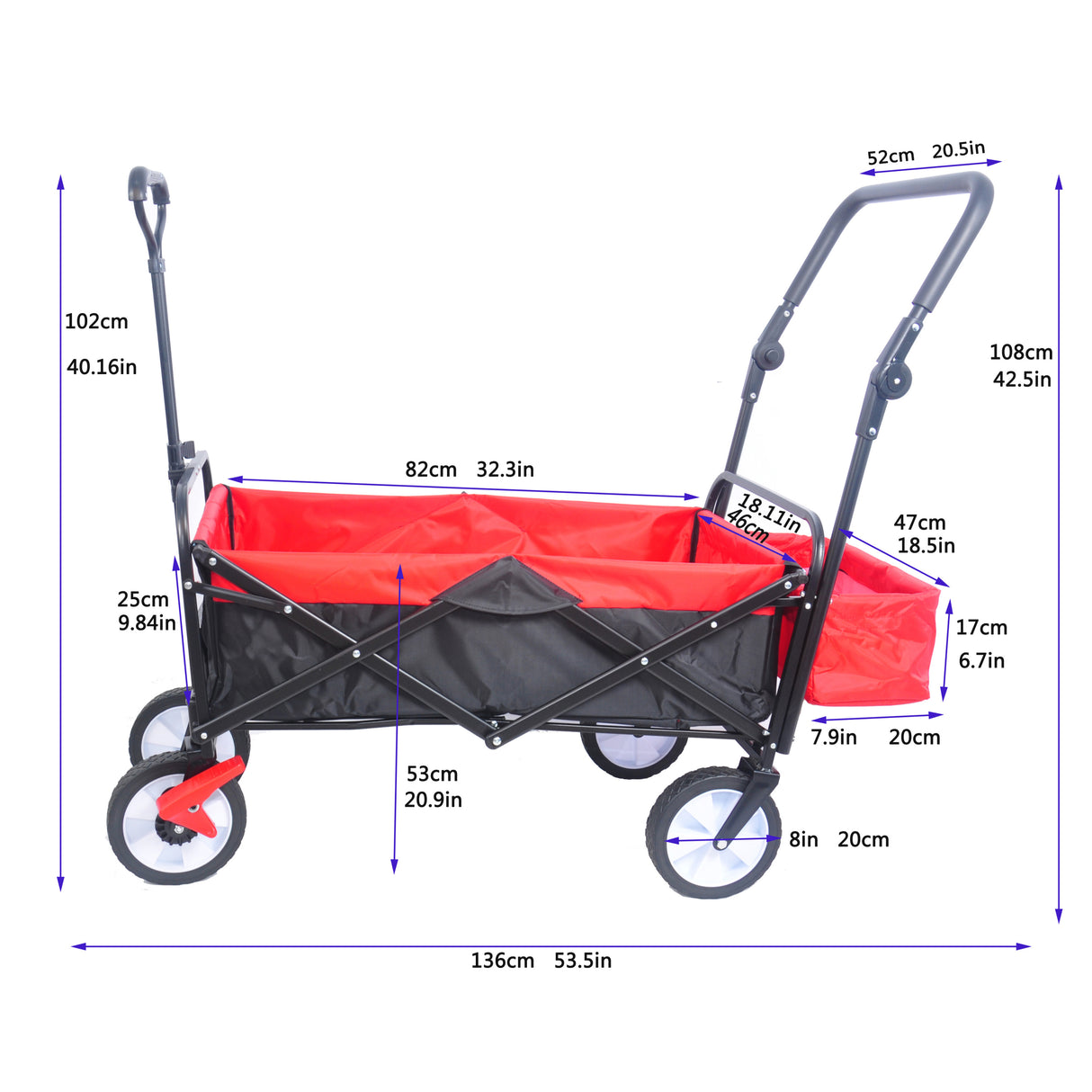 Zusammenklappbarer Mehrzweckwagen für den Außenbereich, robust, zusammenklappbar, für den Garten, tragbarer Handwagen, Getränkehalter, verstellbare Griffe, Schwarz, Rot