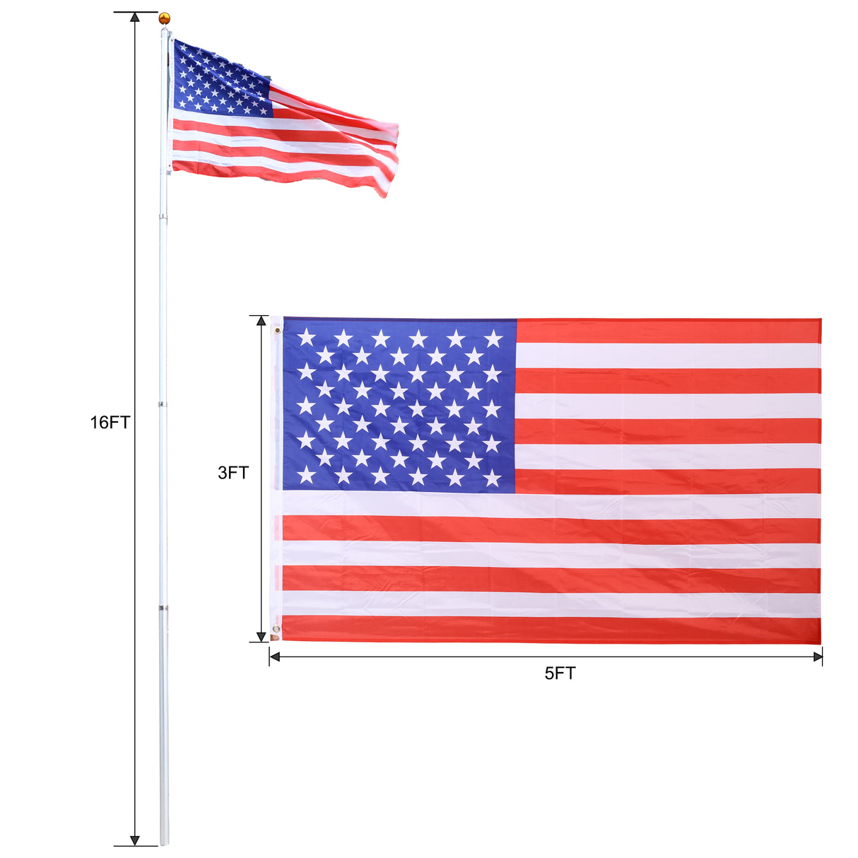 16FT Telescopic Sectional Flag Pole Kit Extra Thick Heavy Duty Aluminum Flagpole Outdoor Inground with Topper Balls for Yard Residential or Commercial