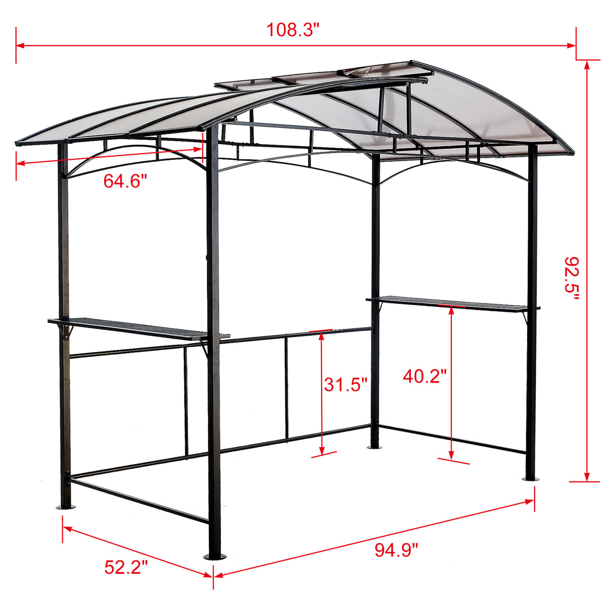 8x5フィート グリル ガゼボ 屋外 パティオ キャノピー BBQ シェルター スチール製ハードトップとサイド棚付き ブラック