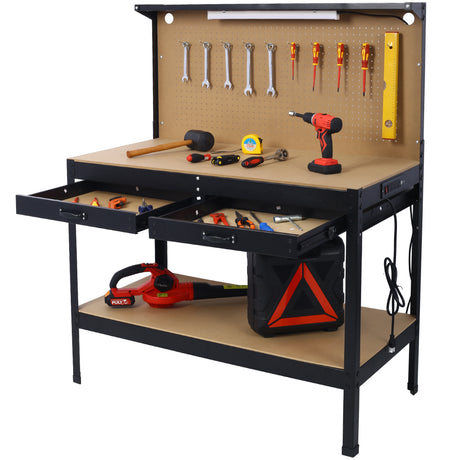 Steel Workbench Tool Storage Workshop Table W/Drawer at Peg Board 4xAC Outlets 2xUSB Ports