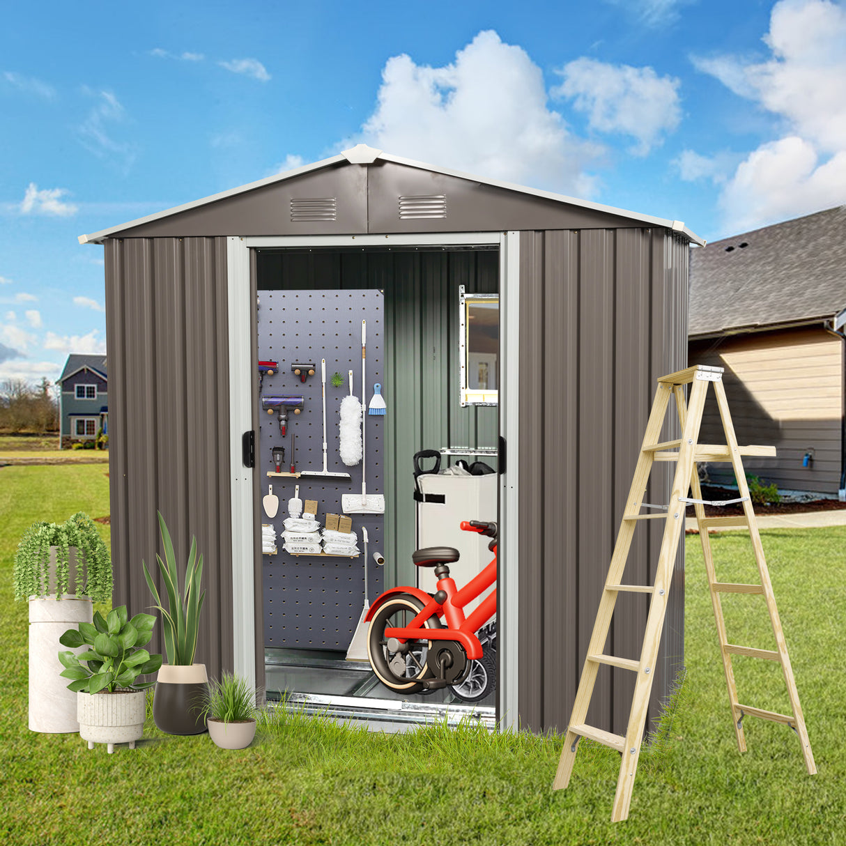 8ft x 4ft Outdoor Metal Storage Shed na may Window Gray