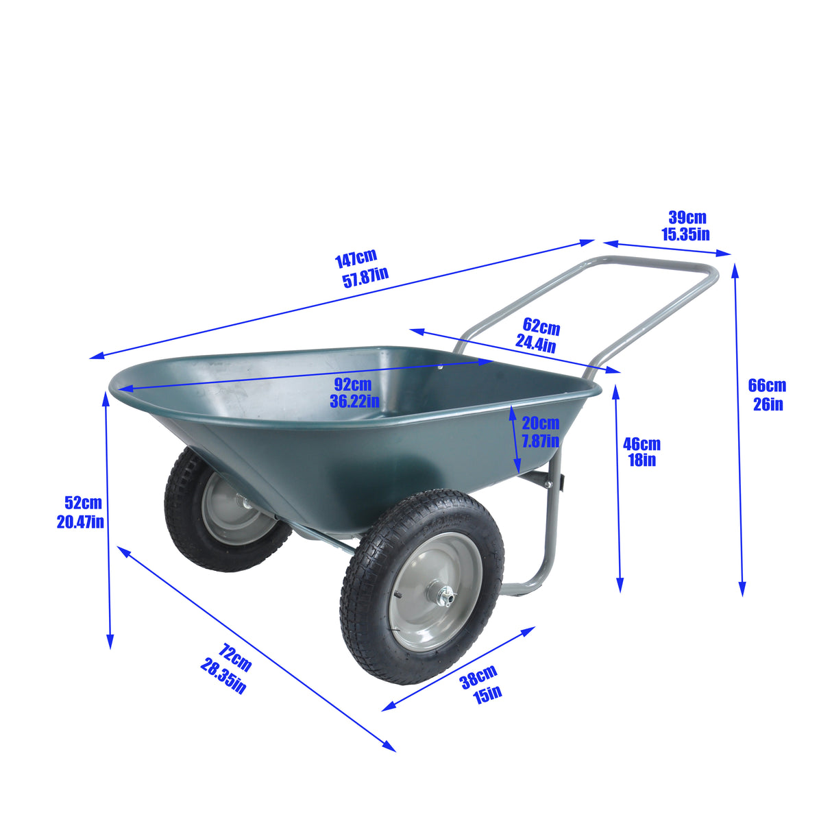 Wheel Barrow Two wheeled Trolley for Green Garden 15 inch Pneumatic 300 lbs Capacity