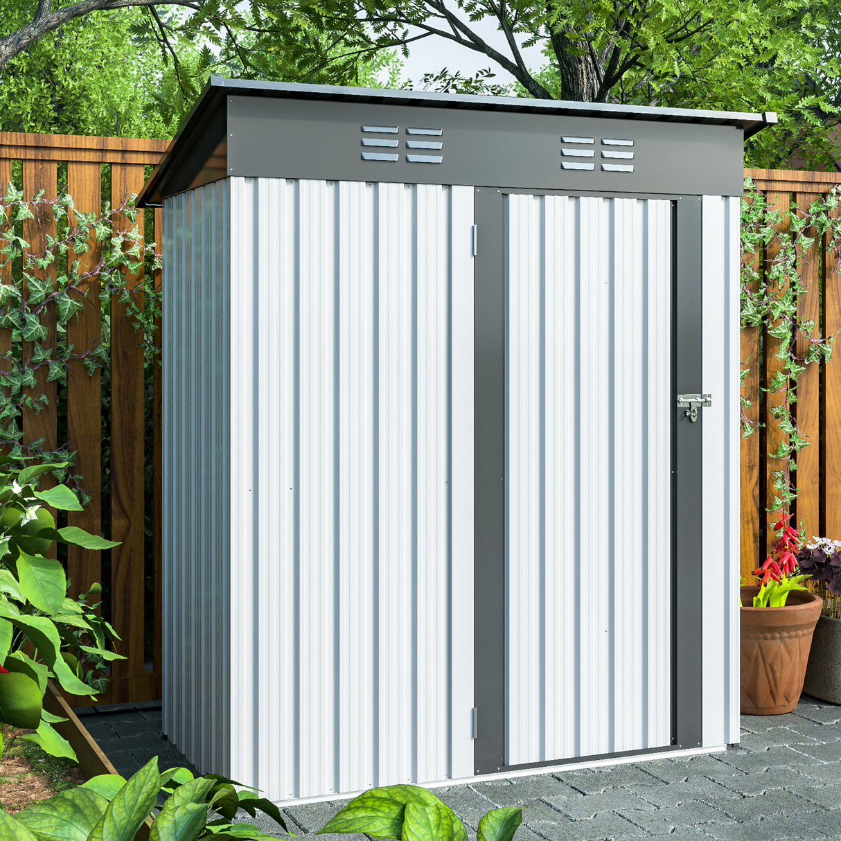 5 X 3 Ft Outdoor Storage Shed Galvanized Metal Garden na may Lockable Doors Tool Para sa Patio Lawn Backyard Trash Cans White