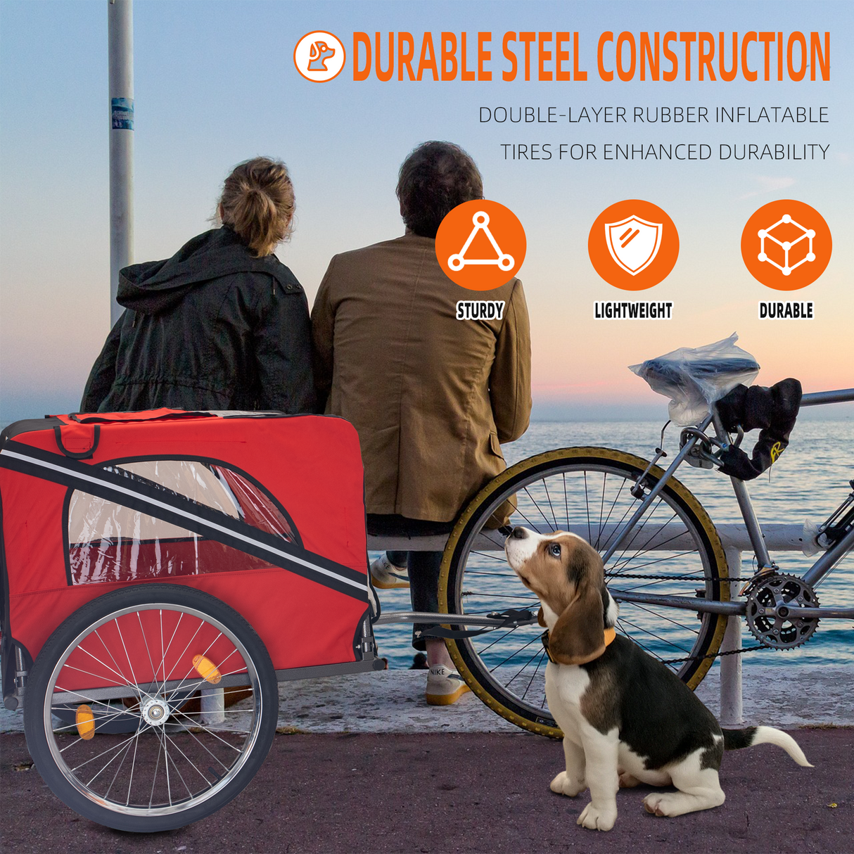 Dog Bike Trailer Breathable Mesh Dog Cart with 3 Entrances Safety Flag 8 Reflectors Folding Pet Carrier Wagon with 20 Inch Wheels Bicycle Carrier for Medium and Small Sized Dogs Red Black