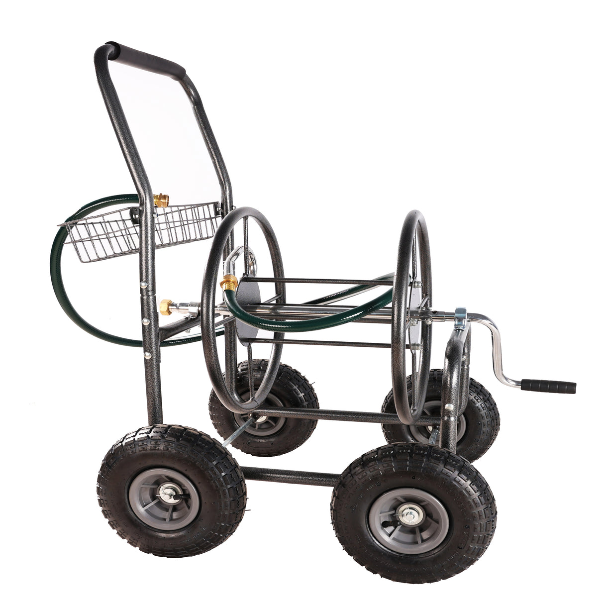 4 Wheels Portable Garden Hose Reel Cart na may Storage Basket Lumalaban sa kalawang na Mabigat na Tungkulin na Water Hose Holder Steel