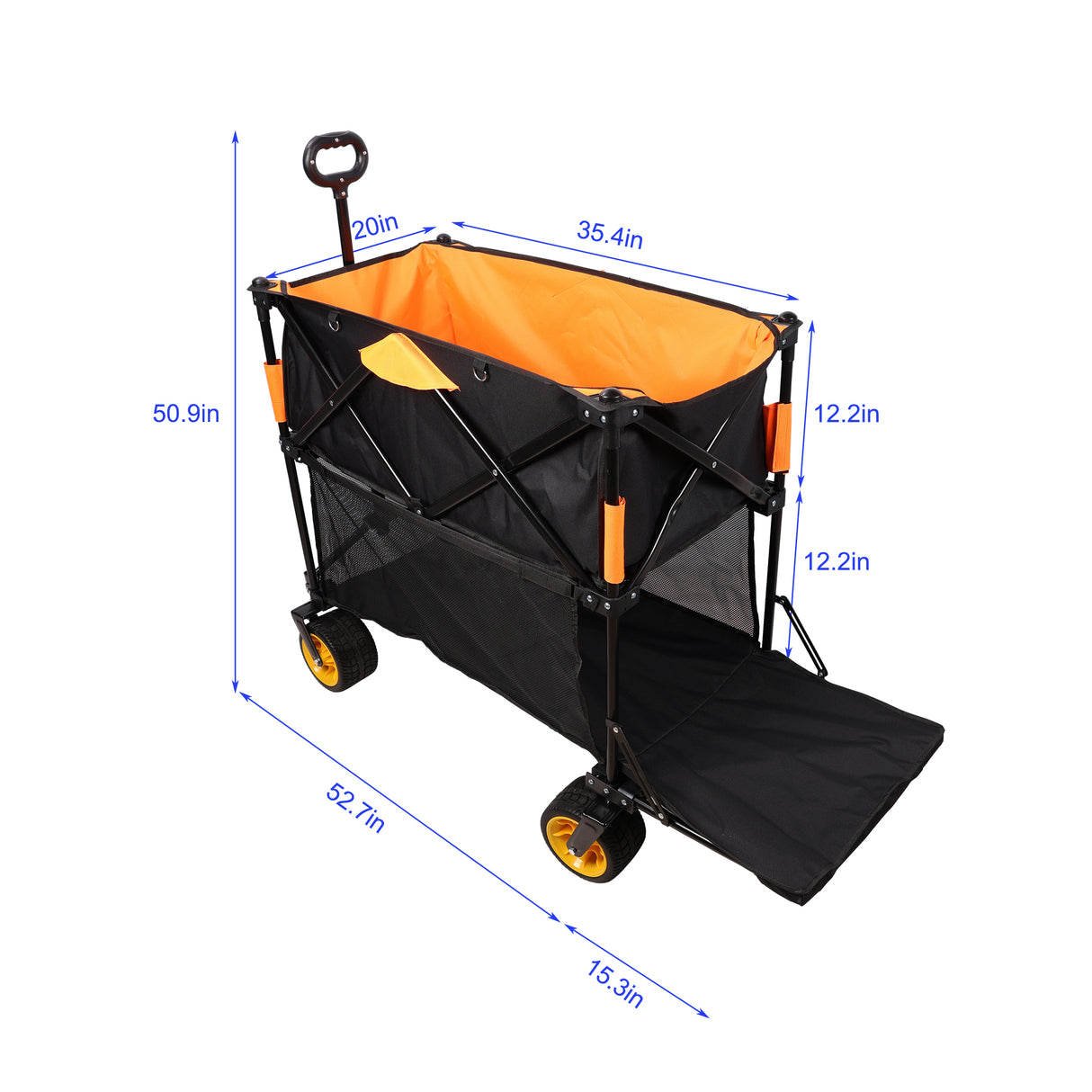 Grote vouwwagen met grote capaciteit, extra lange verlengwagen, opvouwbare tuinwinkelwagen, strandwagen, zwart oranje