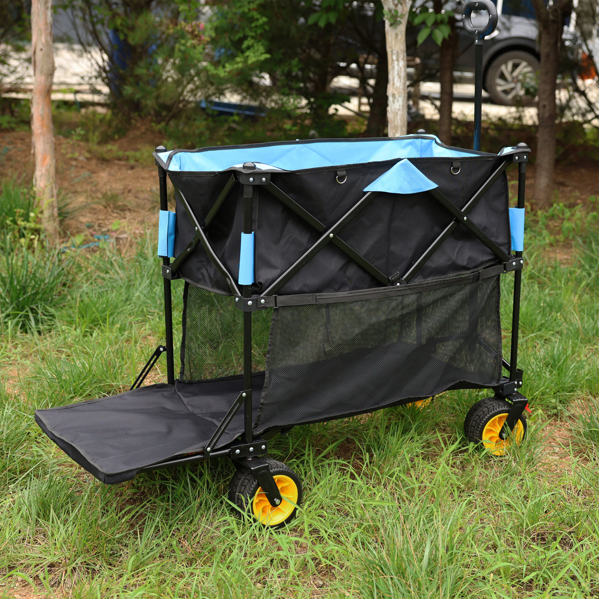 Carro plegable de gran capacidad, carro extensor Extra largo, carrito plegable para compras de jardín, carrito de playa, negro y azul