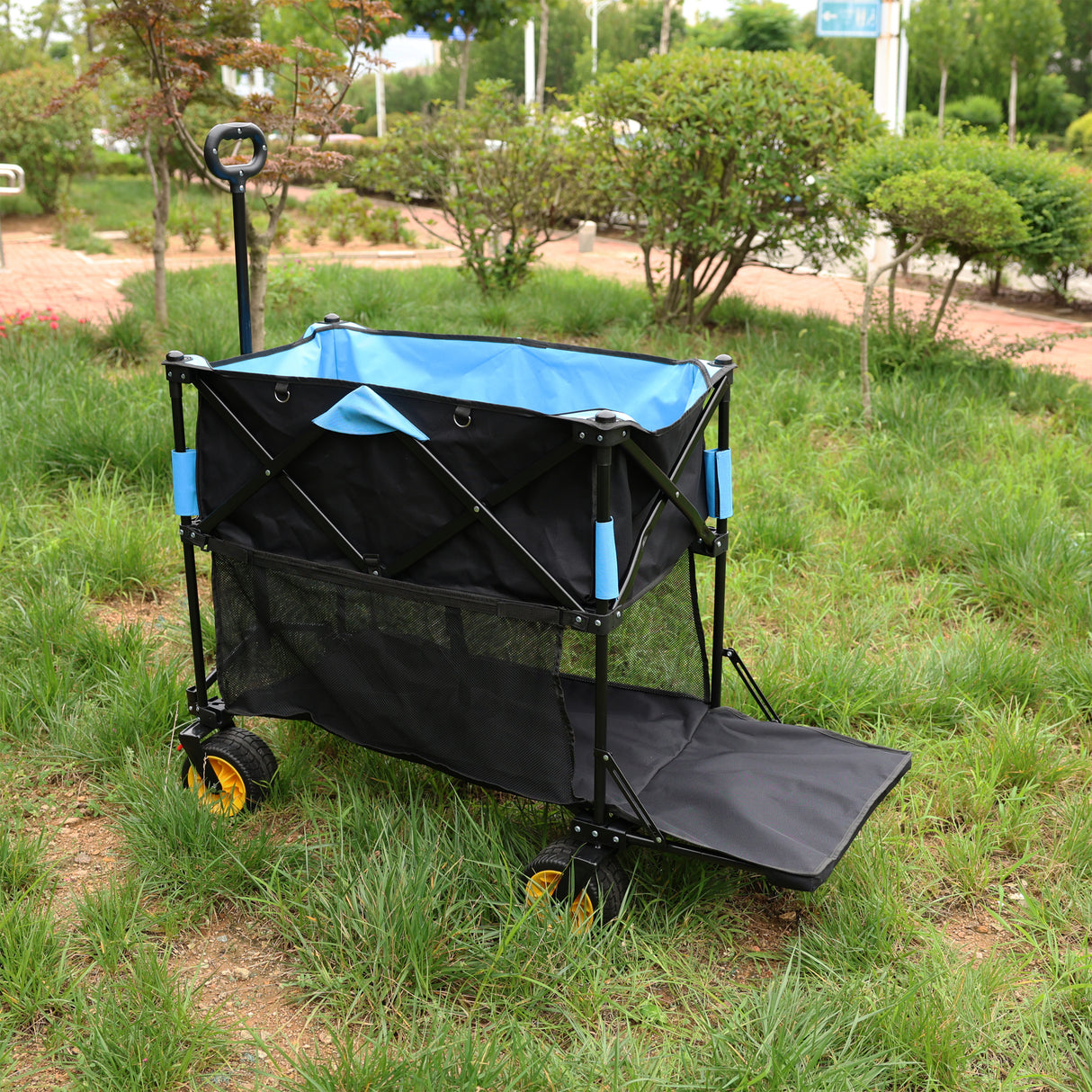 Großer Klappwagen mit großer Kapazität, extra langer Verlängerungswagen, zusammenklappbarer Garten-, Einkaufs- und Strandwagen, Schwarz, Blau