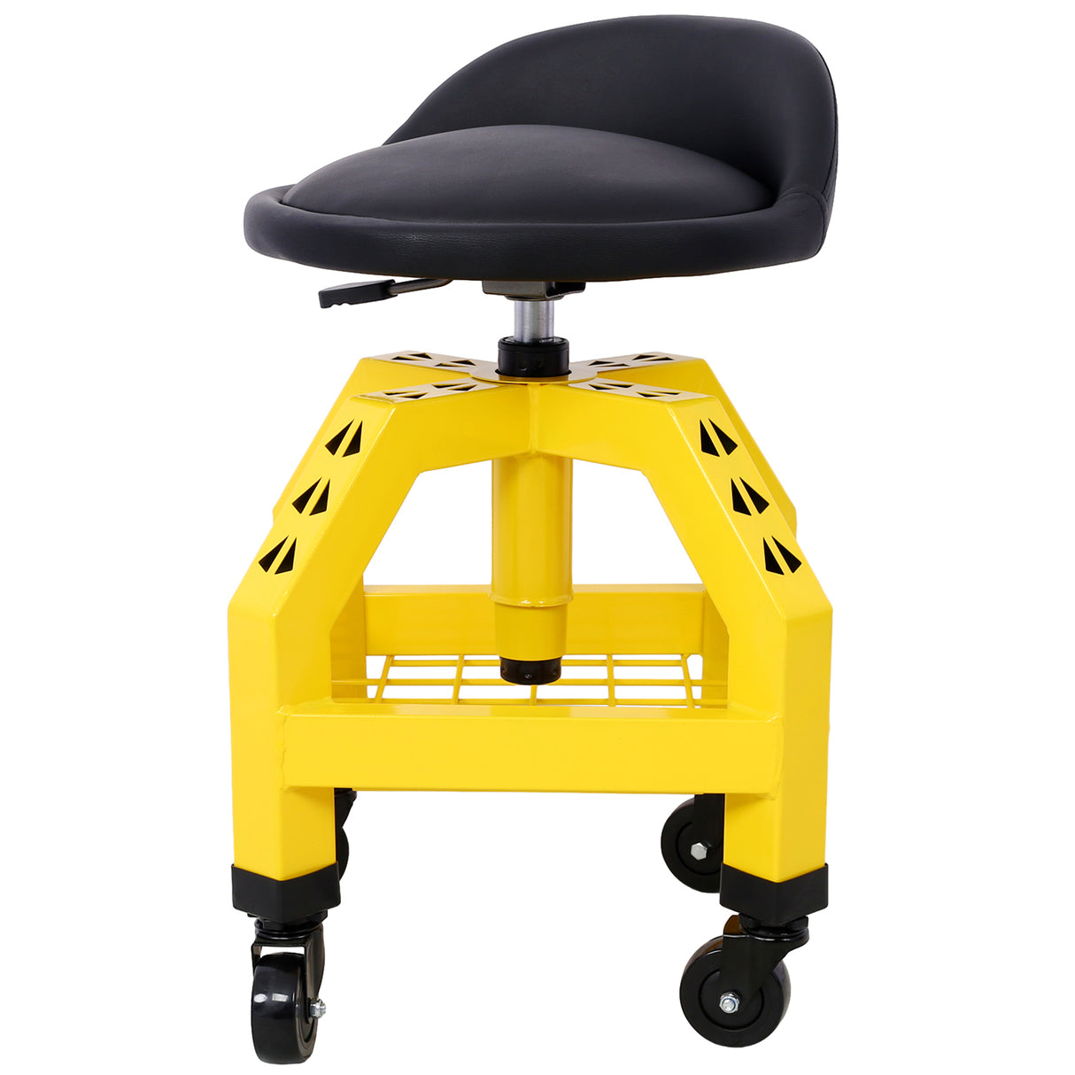 Taburete giratorio neumático de 360 ​​grados, asiento de enredadera rodante mecánico, taller resistente con ruedas, capacidad de 300 libras, color amarillo