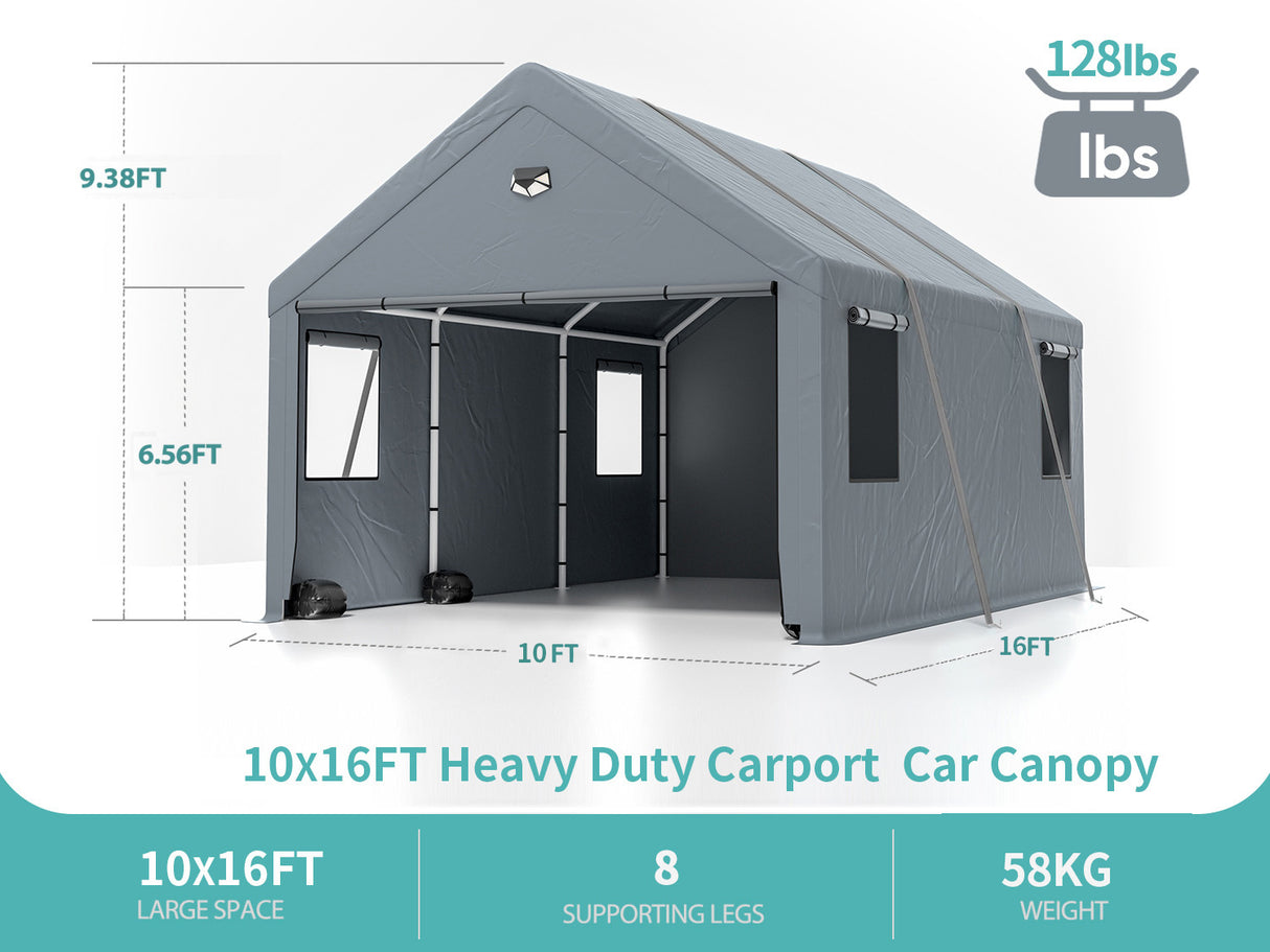 Sannwsg Tenda per Posto Auto Coperto Resistente 10x16 Garage per Auto Portatile Extra Large con Finestre Arrotolabili e Telone per Tutte le Stagioni Pareti Laterali e Tetto Rimovibile per Auto SUV Barche e Riparo per Camion Logic Storage - Grigio