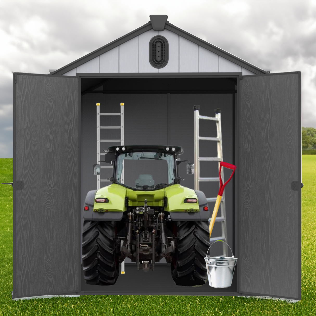 Hangar de rangement en plastique 6 × 8 pieds pour jardin d'arrière-cour, outil à grande flèche, noir et gris