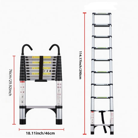 9.5 Foot Aluminum Button Telescopic Ladder na may 2 Triangular Stabilizer at Hooks Multi-Purpose Maximum Load-Bearing Capacity na 330 Pounds Angkop para sa Industrial at Home