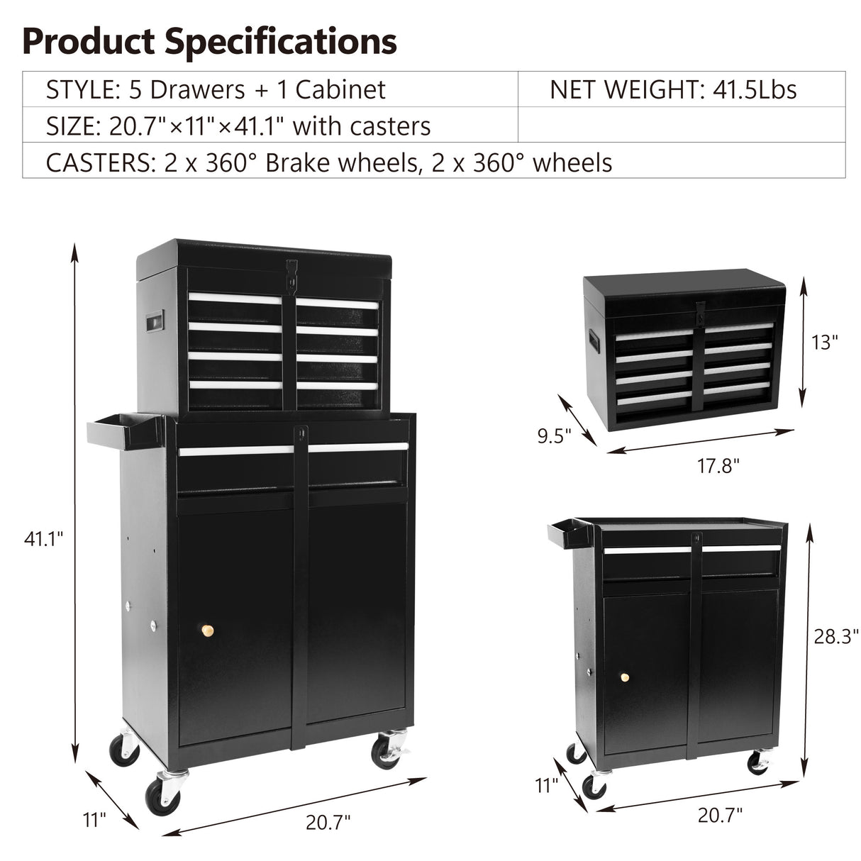 Rolling Garage Workshop Organizer Detachable 5 Drawer Tool Chest with Large Storage Cabinet and Adjustable Shelf Black