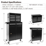 Rolling Garage Workshop Organizer Detachable 5 Drawer Tool Chest na may Malaking Storage Cabinet at Adjustable Shelf Black