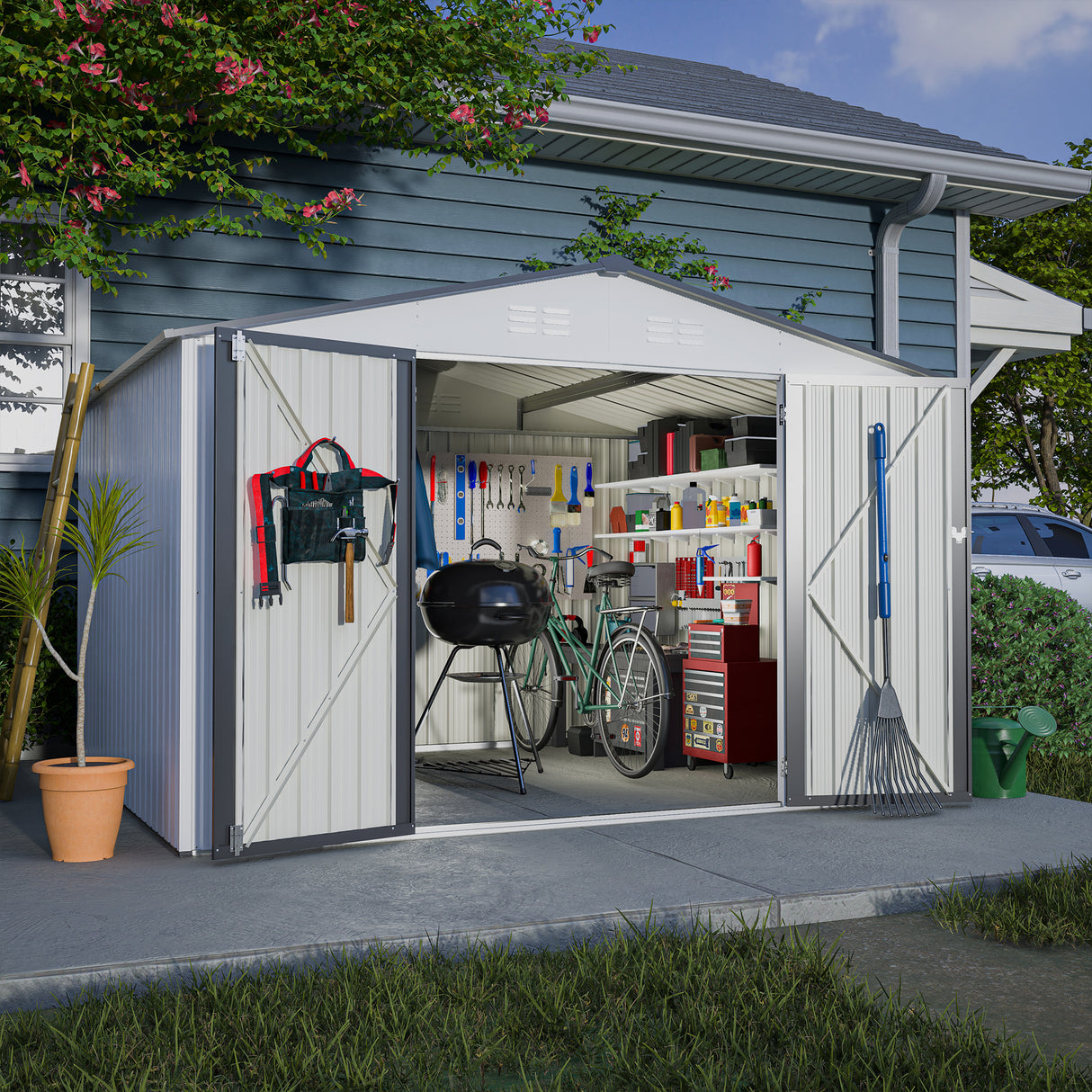 10X8 FT Outdoor Storage Shed Lahat ng Weather Metal na may Lockable Doors Tool para sa Patio ng Hardin sa Backyard Lawn Gray