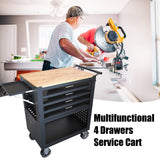 4 Drawers Multifunctional Tool Cart with Wheels and Wooden Top Black