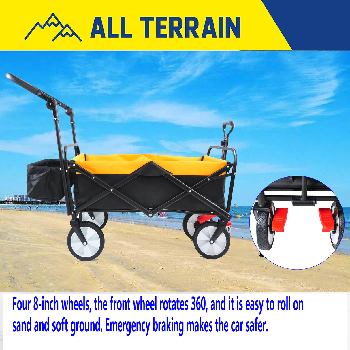 Folding Wagon Collapsible Outdoor Utility Heavy Duty Garden Portable Hand Cart Drink Holder Adjustable Handles Yellow