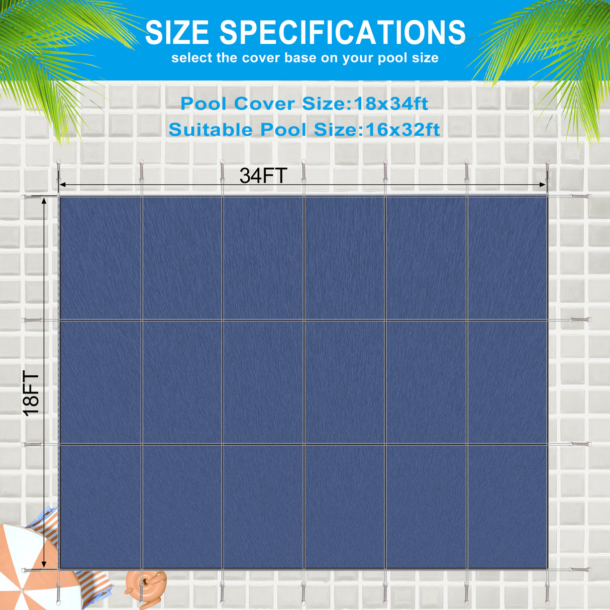 Couverture de sécurité pour piscine creusée rectangulaire d'hiver de 16 x 32 pieds pour piscines creusées, solide triple couture pour matériel haute résistance inclus - maille bleue