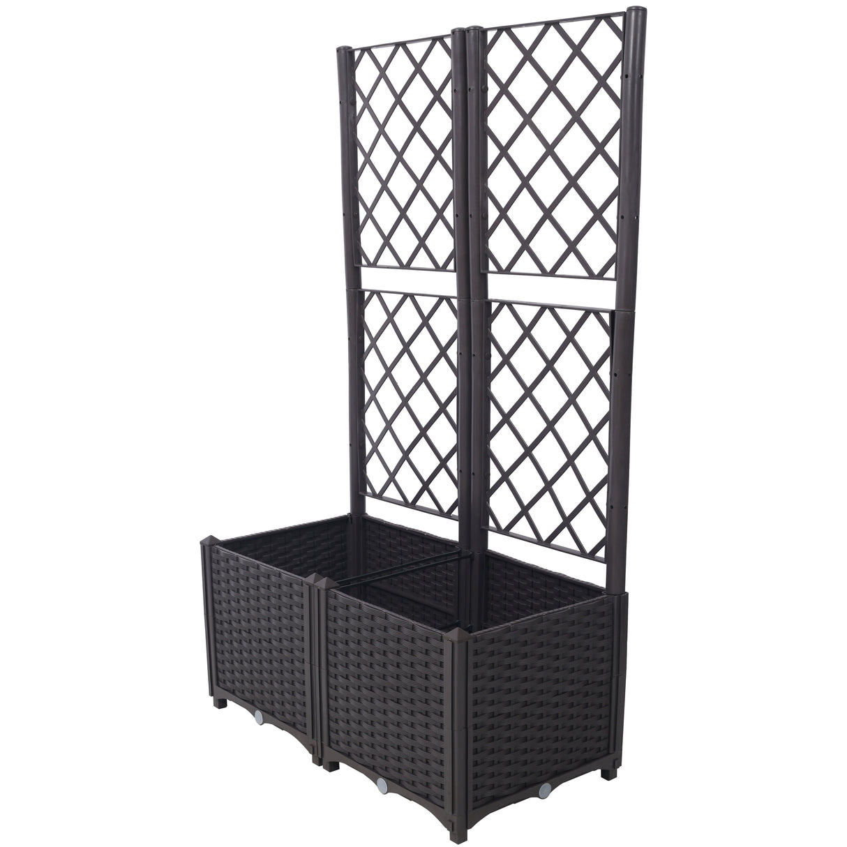 31.5" x 15.7" x 53.5" Poly Rattan Trellis Raised Bed na may Drainage Plug 2 Matatanggal na Pot na may Malaking Flower Box na Built-in na Suporta para sa Pag-akyat ng mga Halaman sa Outdoor Patio Garden Dekorasyon--Brown