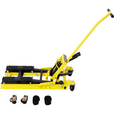 Gato elevador hidráulico para motocicleta, capacidad de 1500 libras, mesa portátil de tijera ATV con 4 ruedas, soporte de elevación accionado por el pie con amarre, color amarillo