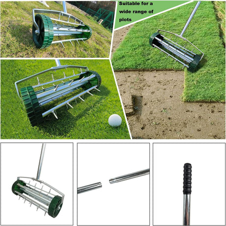 Heavy Duty Rolling Lawn Aerator Rotary Push Tine Spike Soil Gardening Tool na may 3-Piece Long Steel Handle para sa Garden Yard Grass Maintenance