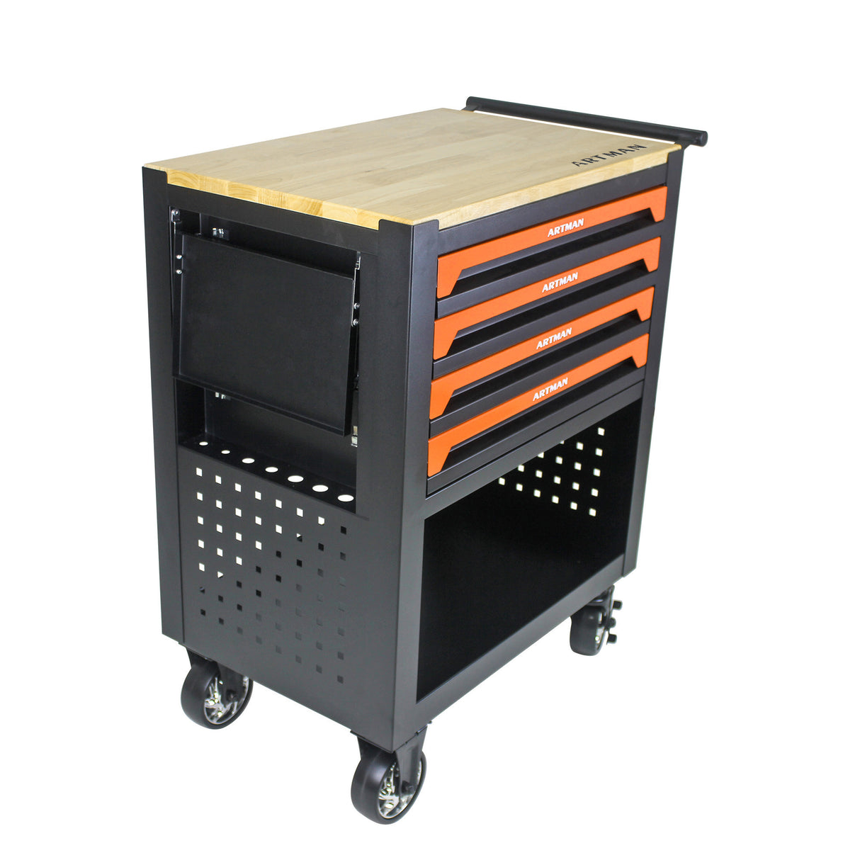 4 Drawers Multifunctional Tool Cart with Wheels and Wooden Top Orange